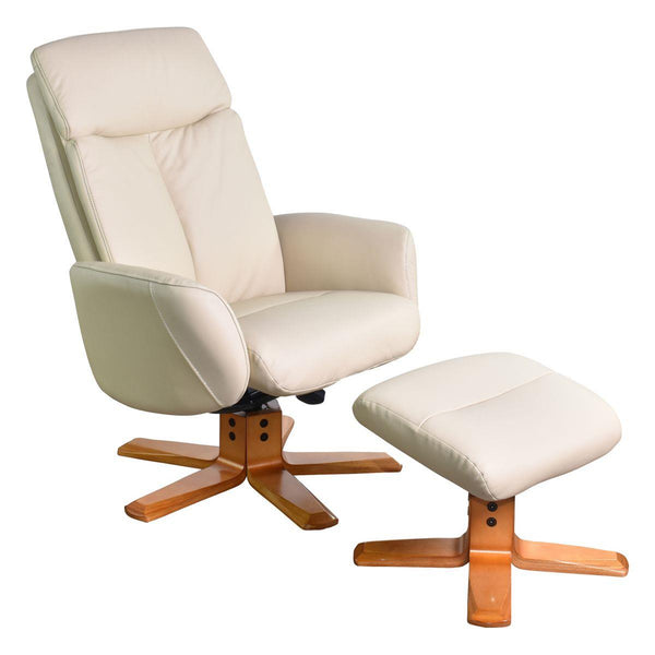 The Dakota Swivel Recliner Chair in Cream Genuine Leather and Cherry base.
