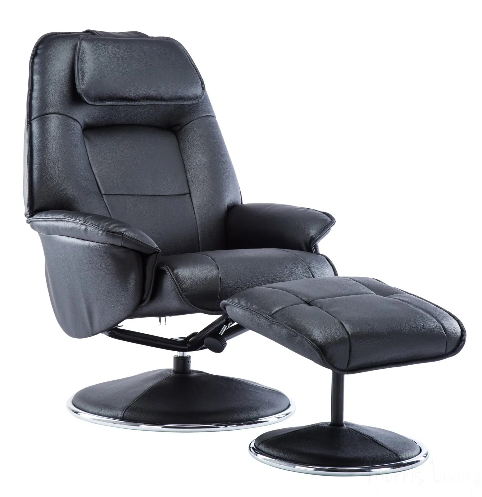 The Avant Garde Plush Leather Swivel Recliner Chair & Matching Footstool in Black GFA