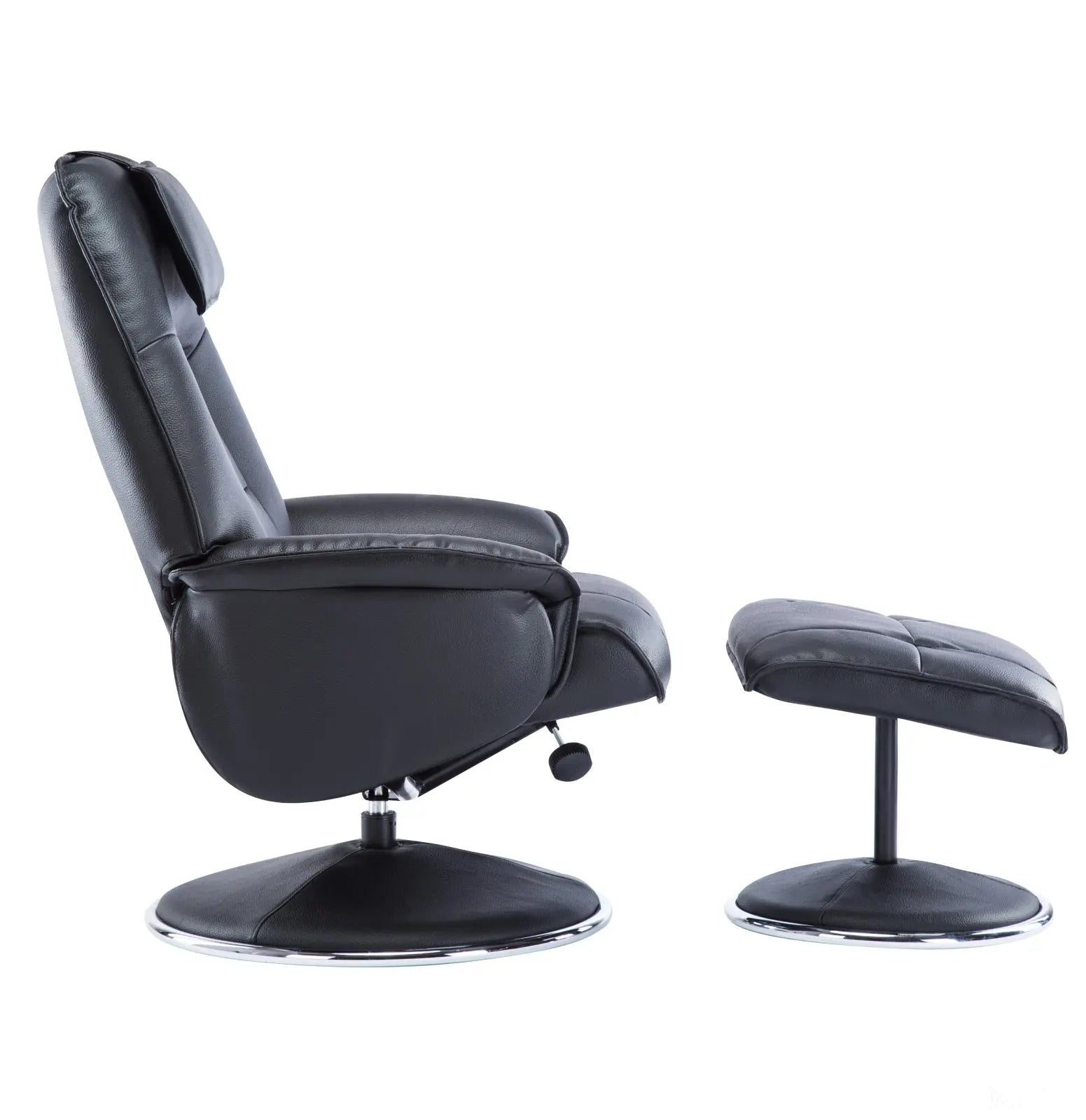 The Avant Garde Plush Leather Swivel Recliner Chair & Matching Footstool in Black GFA