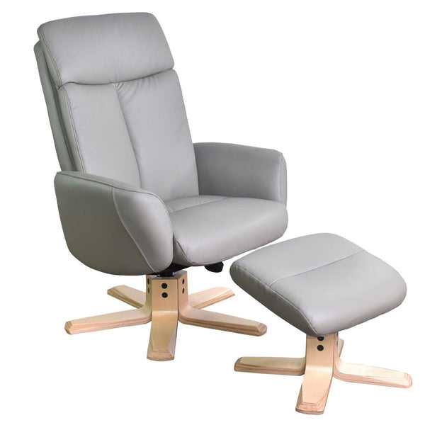 The Dakota Swivel Recliner Chair in Husky Genuine Leather and Pale Wood base.