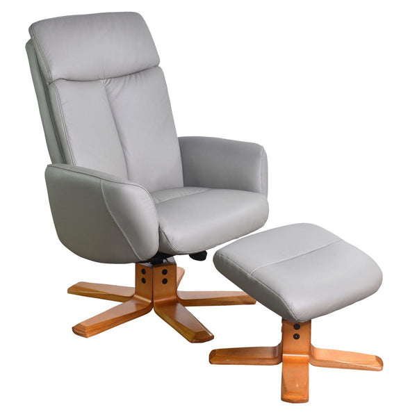 The Dakota Swivel Recliner Chair in Husky Genuine Leather and Cherry base.