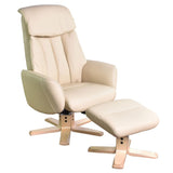 The Indiana Swivel Recliner Chair in Cream Genuine Leather and Pale Wood base.